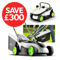 Gtech CLM50 Cordless Lawnmower close-up showing detailed cutting deck and adjustable handle
