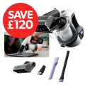 Gtech Multi Platinum cordless handheld vacuum laid out with all attachments