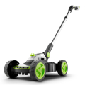 Gtech SLM50 Small Cordless Lawn Mower with handle, designed for easy manoeuvring and storage in small gardens.