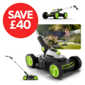 Gtech SLM50 Small Cordless Lawn Mower with handle, designed for easy manoeuvring and storage in small gardens.