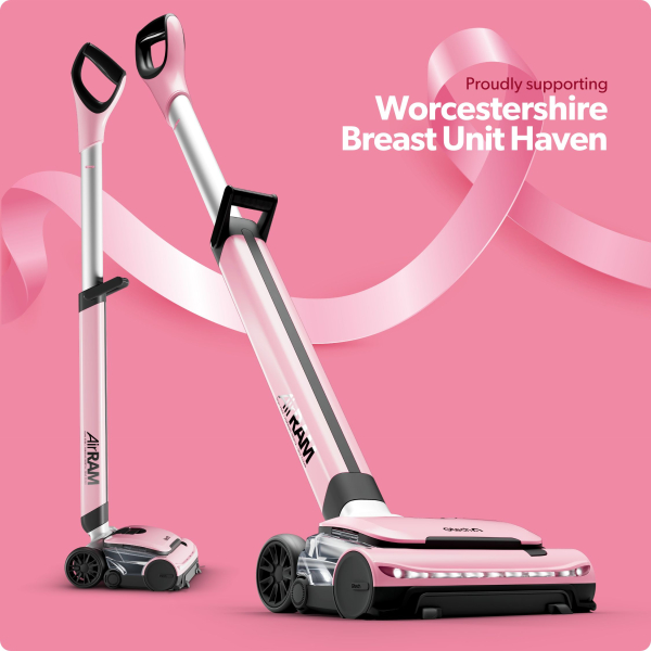 Pink Gtech AirRam vacuum with breast cancer ribbon, supporting Worcestershire Breast Unit Haven and Macmillan.