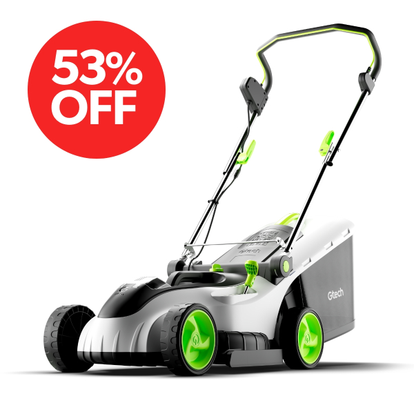 Gtech CLM50 Cordless Lawnmower close-up showing detailed cutting deck and adjustable handle