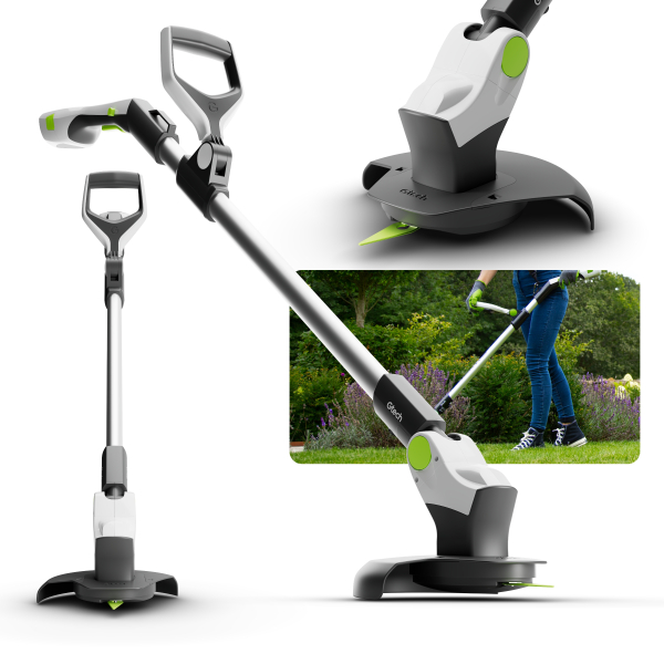 tech GT50 Grass Edge Trimmer showing ergonomic handle, cutting head, shaft, and removable 18V battery from multiple angles.
