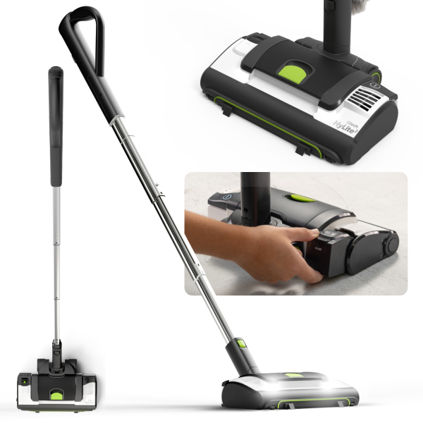 Hylite 2 lightweight cordless vacuum shown from multiple angles, including full and close-up views, with LED headlights on.