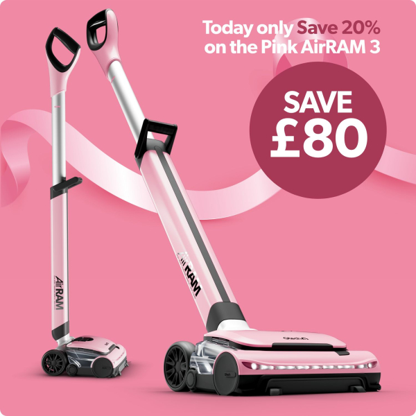 Pink Gtech AirRam vacuum with breast cancer ribbon, supporting Worcestershire Breast Unit Haven and Macmillan.