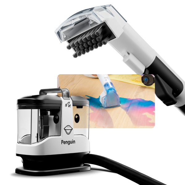 Gtech Penguin Spot Cleaner featuring a 5cm cleaning head with built-in brush, designed for quick and efficient stain removal.