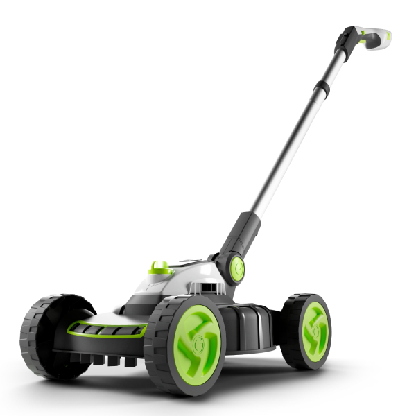Gtech SLM50 Small Cordless Lawn Mower with handle, designed for easy manoeuvring and storage in small gardens.