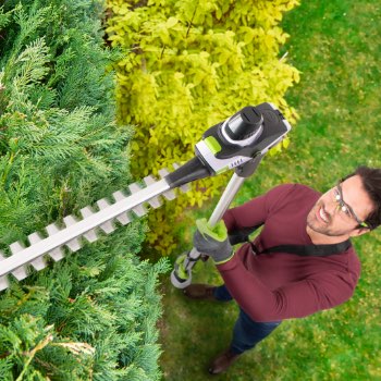 man using cordless hedge trimmer from above