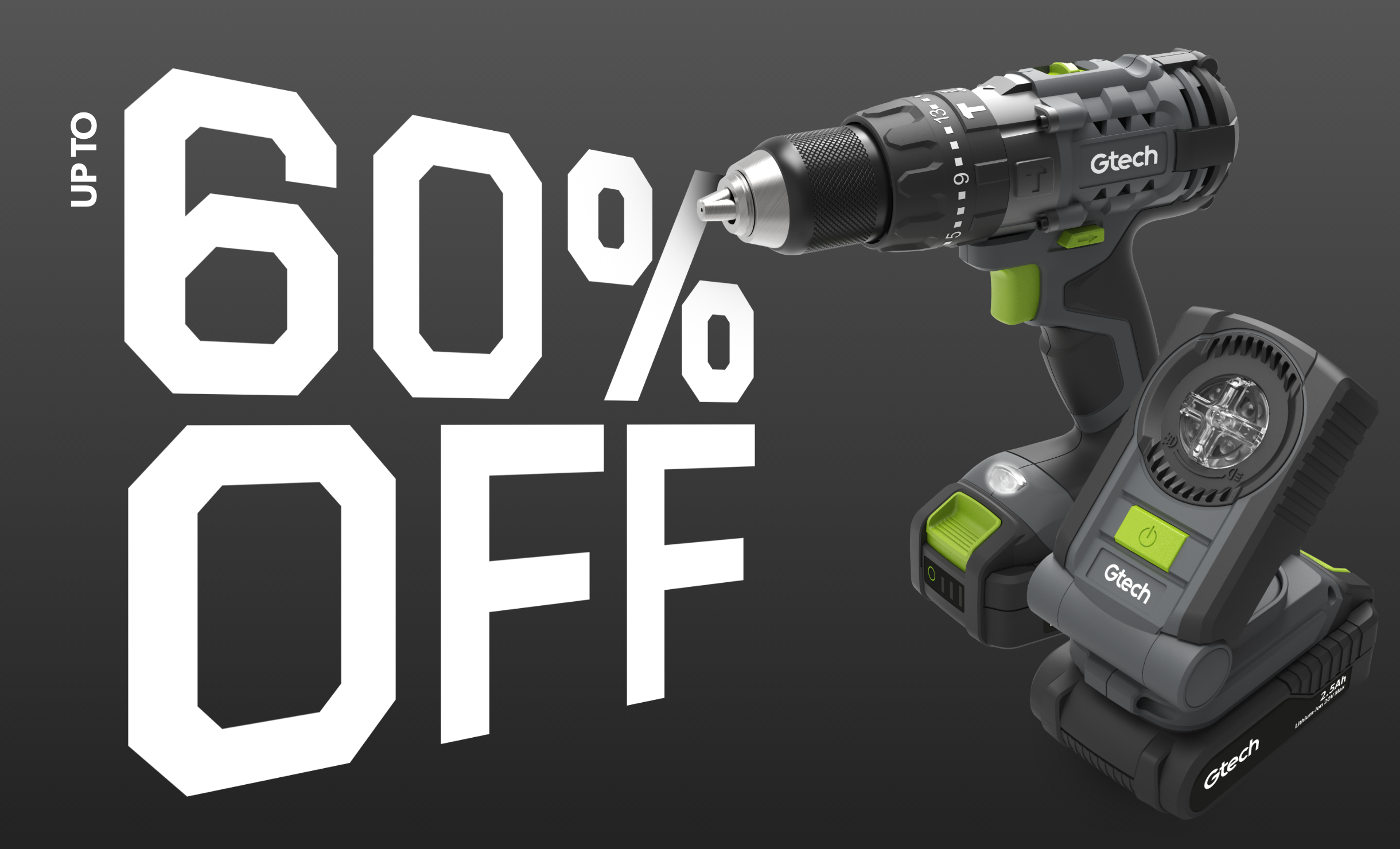 Gtech cordless power drill with adjustable torque control and keyless chuck