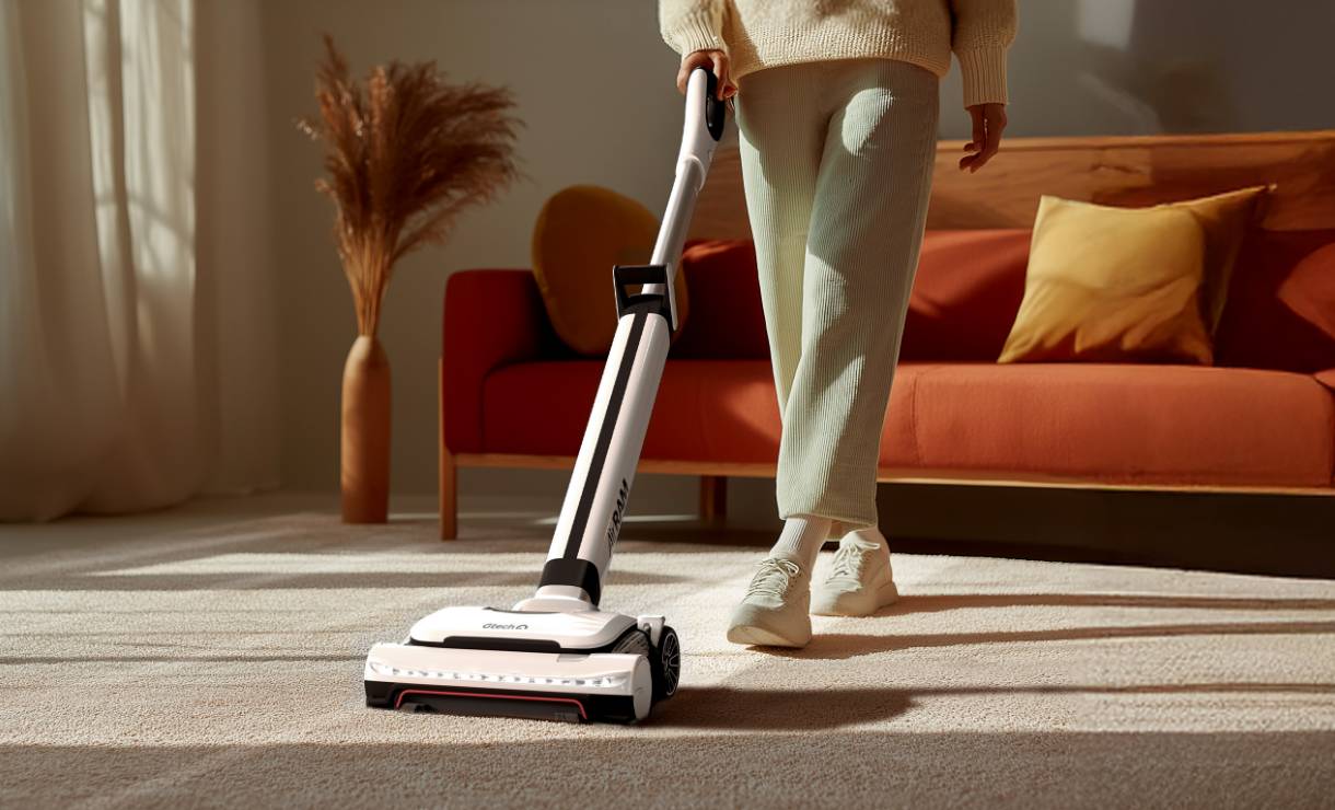 Gtech AirRAM 3 cordless vacuum cleaner standing upright on carpet in a bright, modern home interior