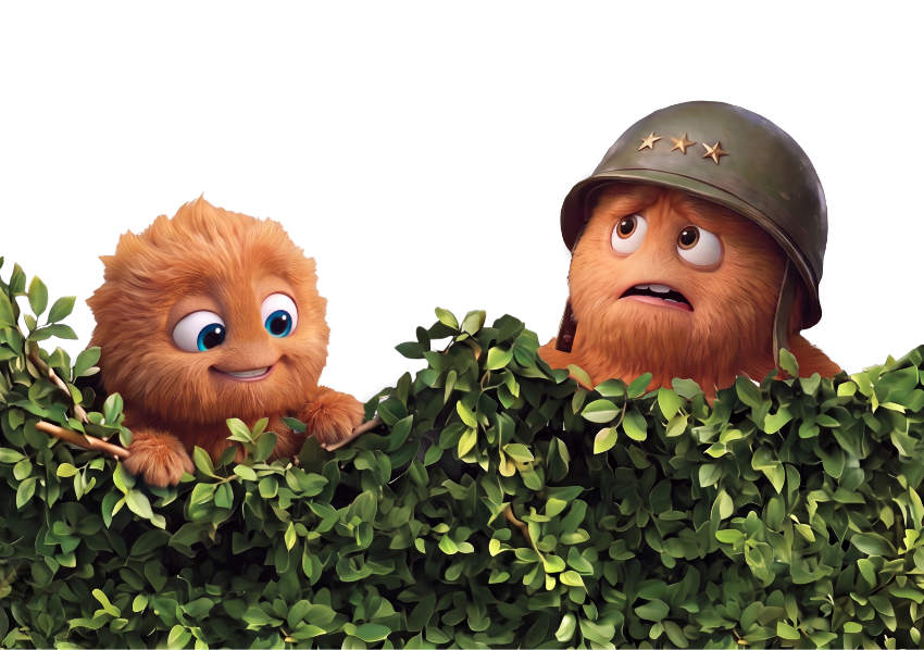 Daryl and the General peeking over a hedge