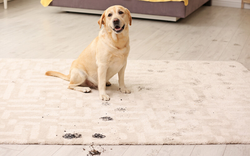 dog on beig rug with muddy paw prints