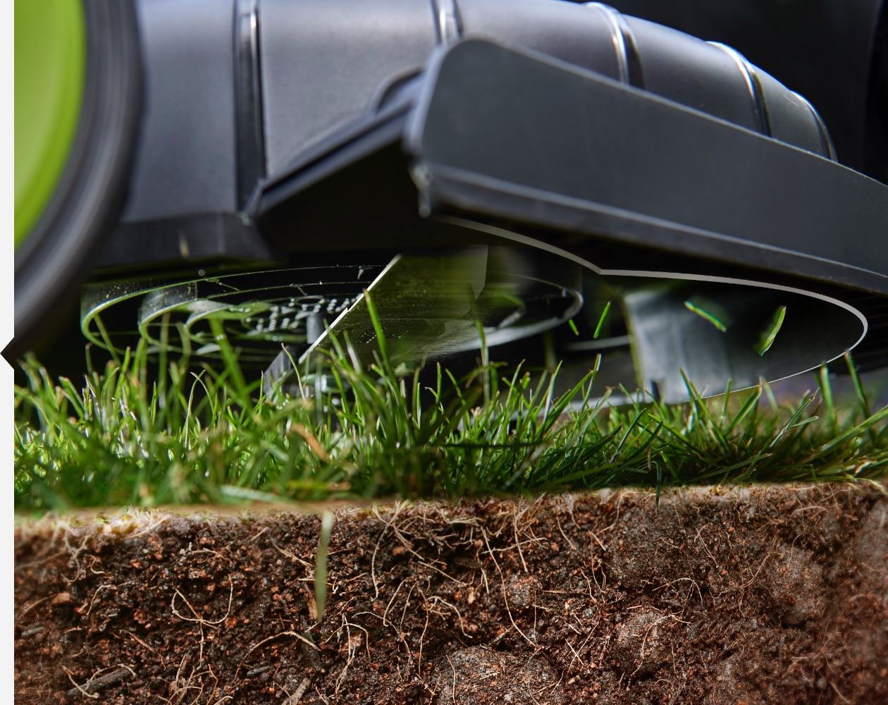 Battery powered mower generous cutting width